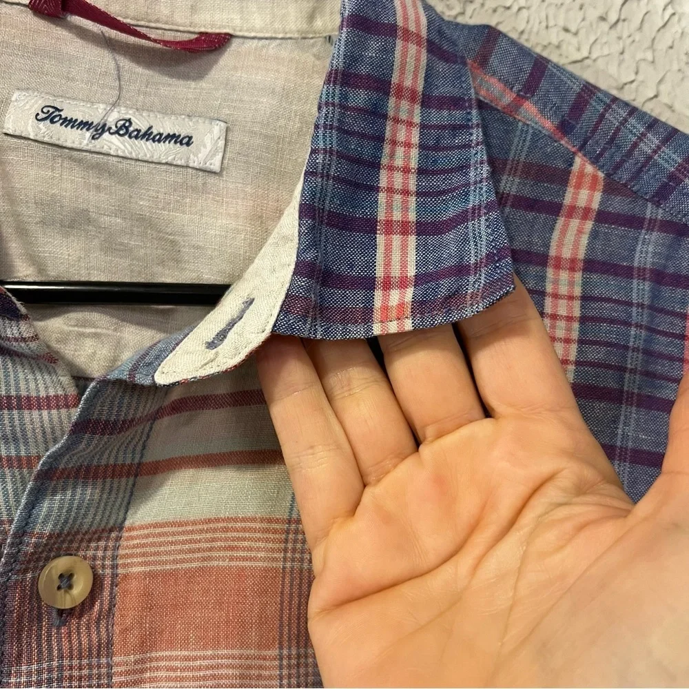 Tommy Bahama Linen Blue and Pink Plaid Button-Down Shirt size medium